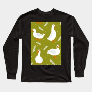 White Pekin Ducks with feathers and dots repeat pattern Long Sleeve T-Shirt